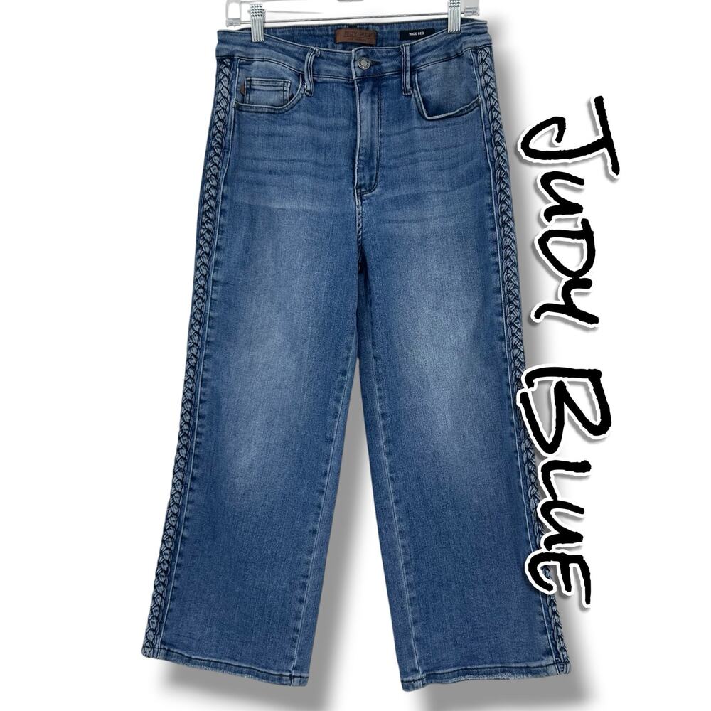 Judy Blue Laura Jeans 11/30 Braided Side Seam High Rise Wide Leg Crop JB88850